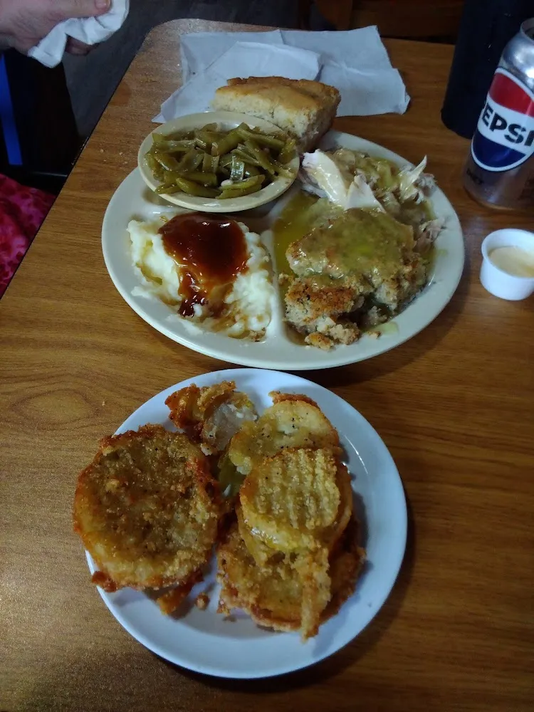 Pork Chops with Mashed Potatoes Fried Green Tomatoes with Corn Bread